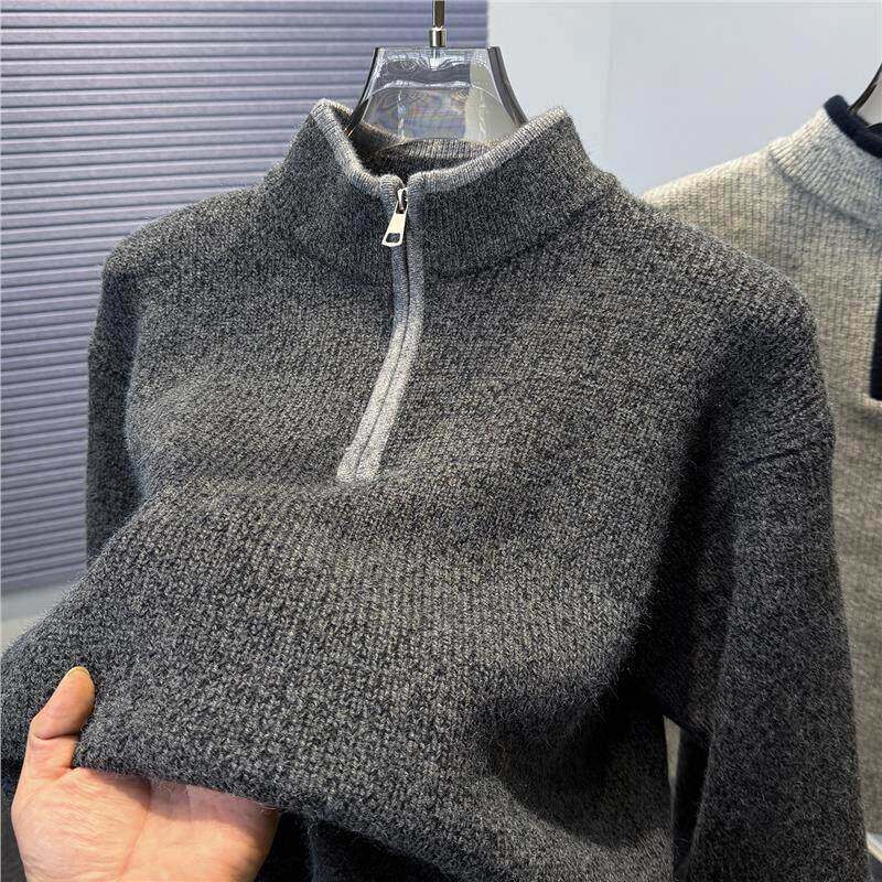 MAROLIO~半高领毛衣男加厚冬季男韩版宽松套头针织衫拉炼立领上衣