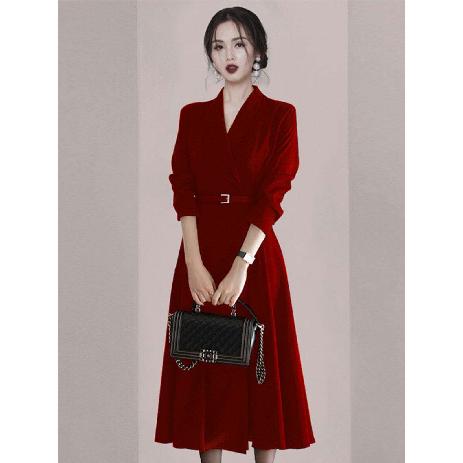 Ocnltiy气质职业西装裙春秋时尚女装修身收腰宴会礼服长款连衣裙