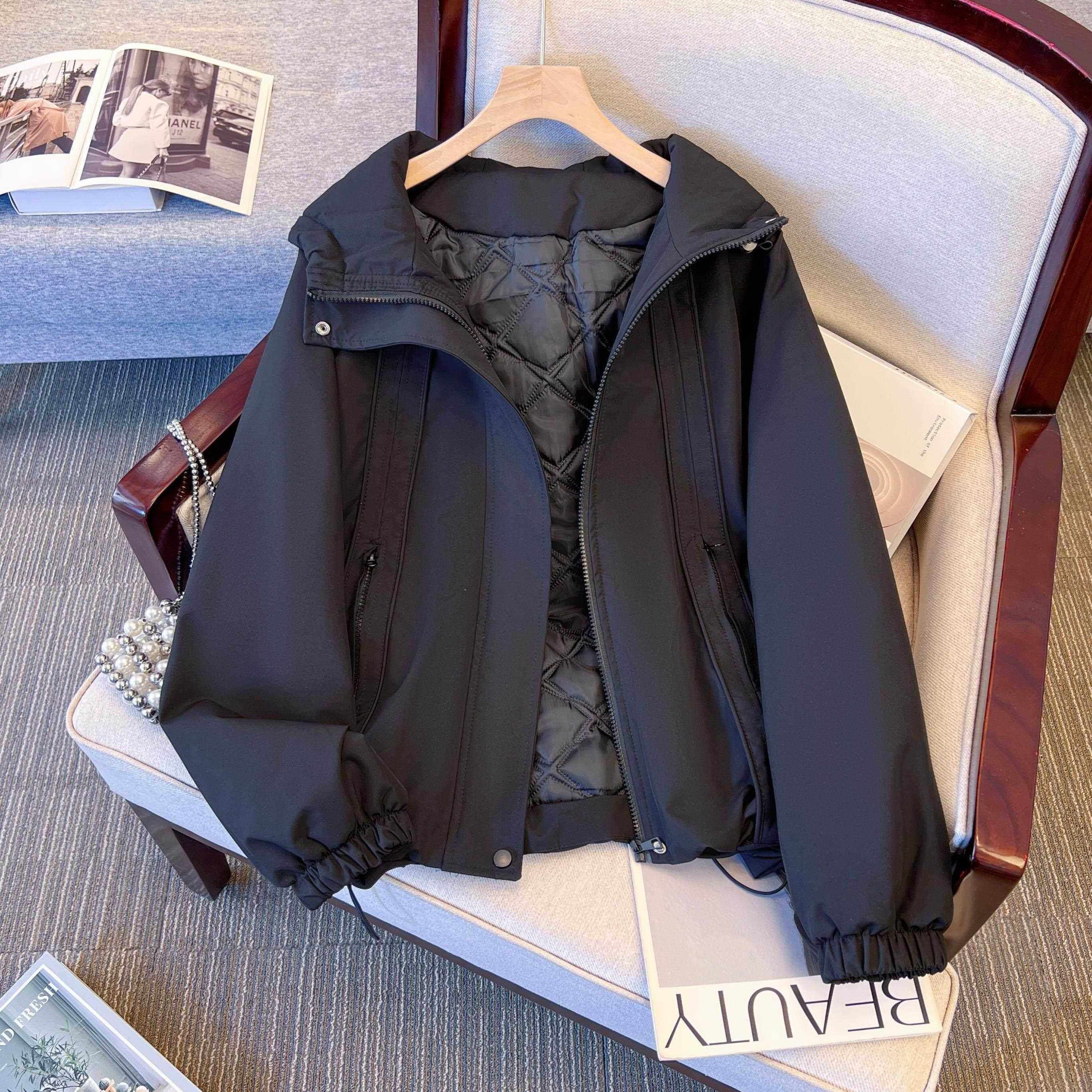 潮牌黑色连帽冲锋衣女夹棉外套2025秋冬新款宽松休闲加厚工装棉服,女装/女士精品,短外套,淘宝优惠券,粉丝福利购,淘宝优惠卷