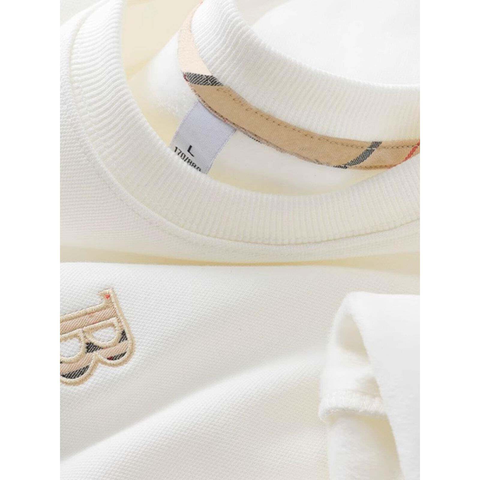 高端纯棉长袖男士春秋季新款白色绣花修身羊绒衬里加厚圆领男士运