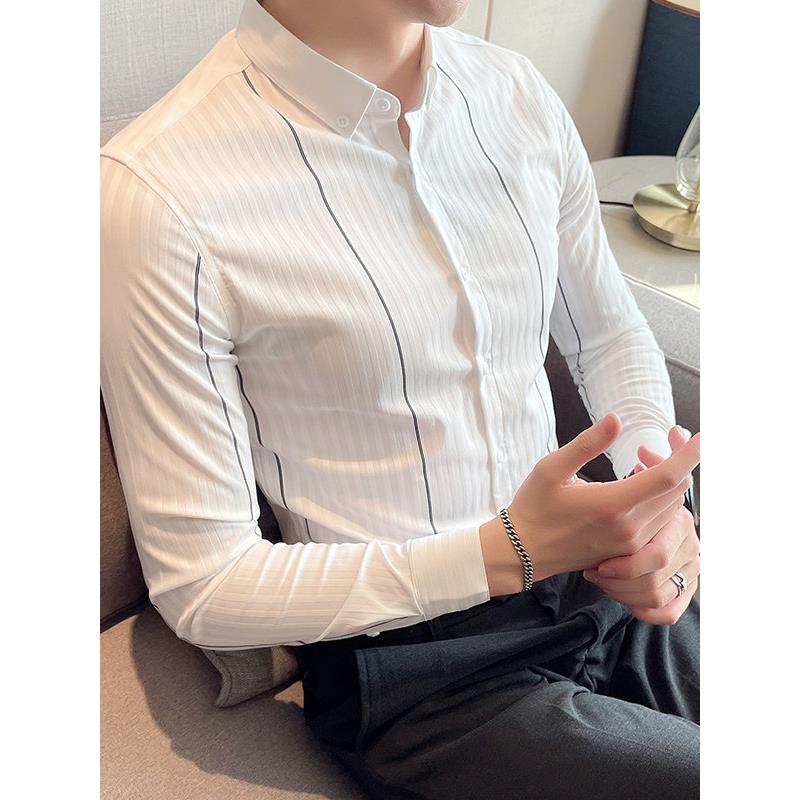 高级感条纹衬衫男长袖休闲修身白色男士衬衣商务免烫内搭寸衫潮流