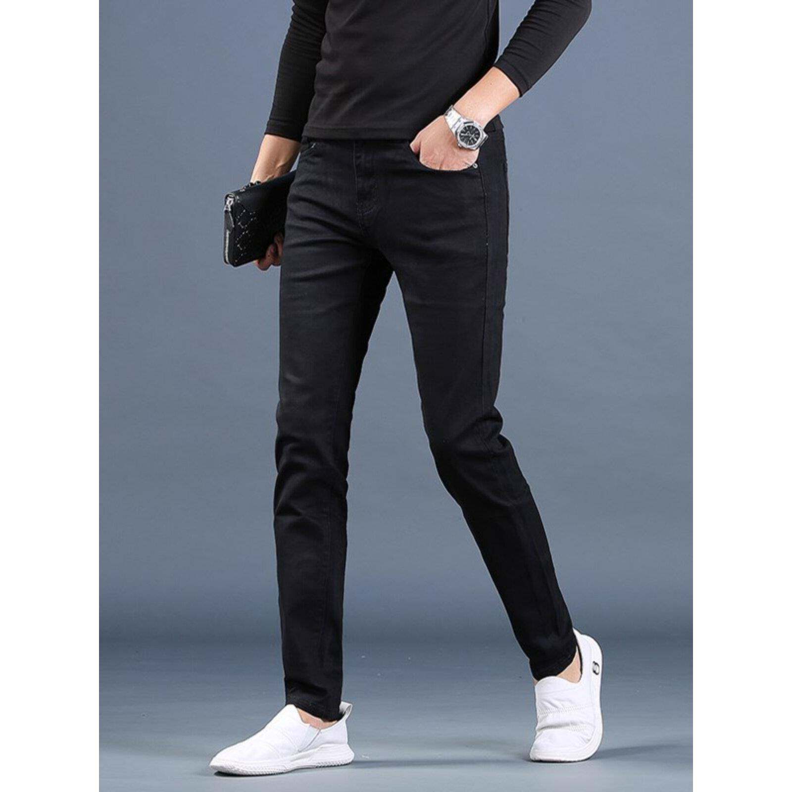 香港2025秋冬黑色男士牛仔裤中腰韩版修身小脚裤潮弹力免烫哦加绒