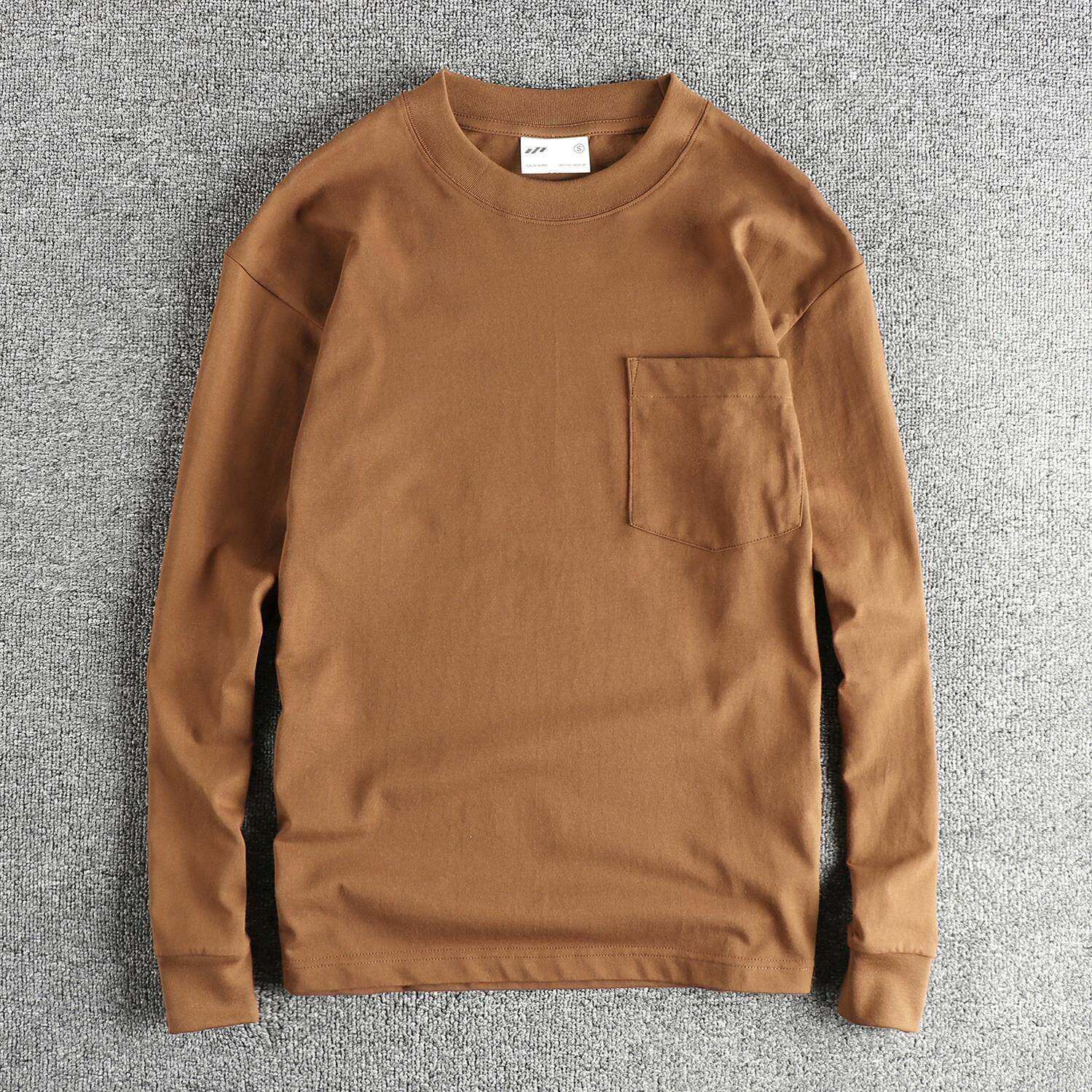 香港潮牌美式复古纯色口袋长袖T恤男250G双纱棉舒适圆领打底上衣
