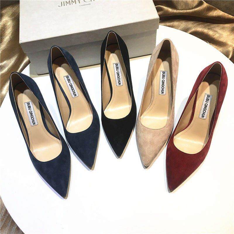 香港尖头高跟鞋女细跟职业2025春秋季绒面百搭低跟工作鞋晚会单鞋
