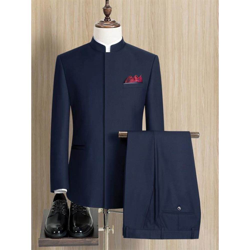 高端中山装男中老年爸爸西服套装中华立领中国风男士结婚宴会礼服