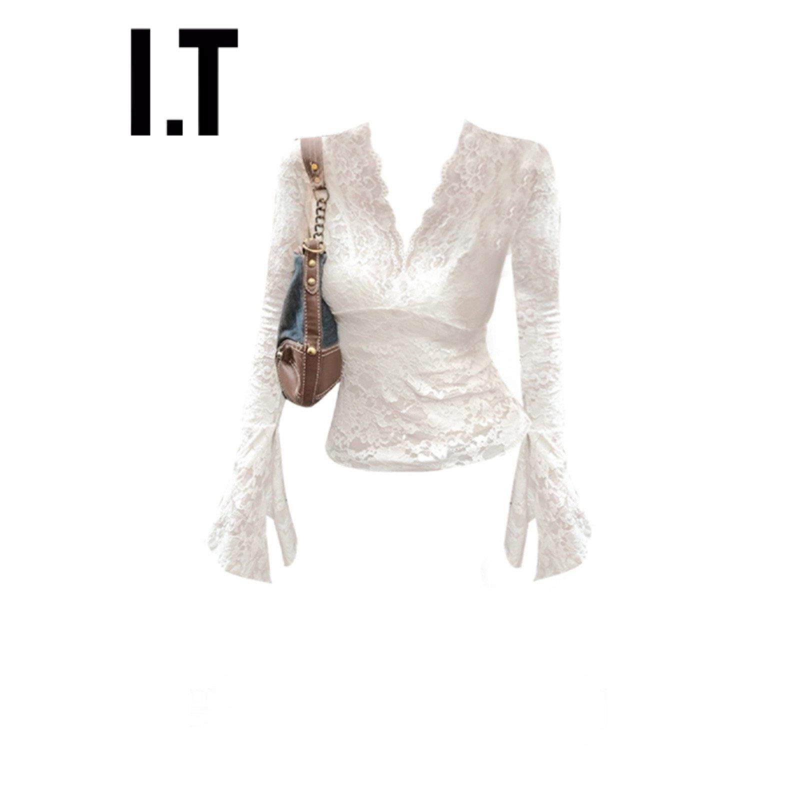 新品香港秋新款辣妹V领蕾丝喇叭袖上衣女修身显瘦收腰短款打底衫,女装/女士精品,T恤,淘宝优惠券,粉丝福利购,淘宝优惠卷