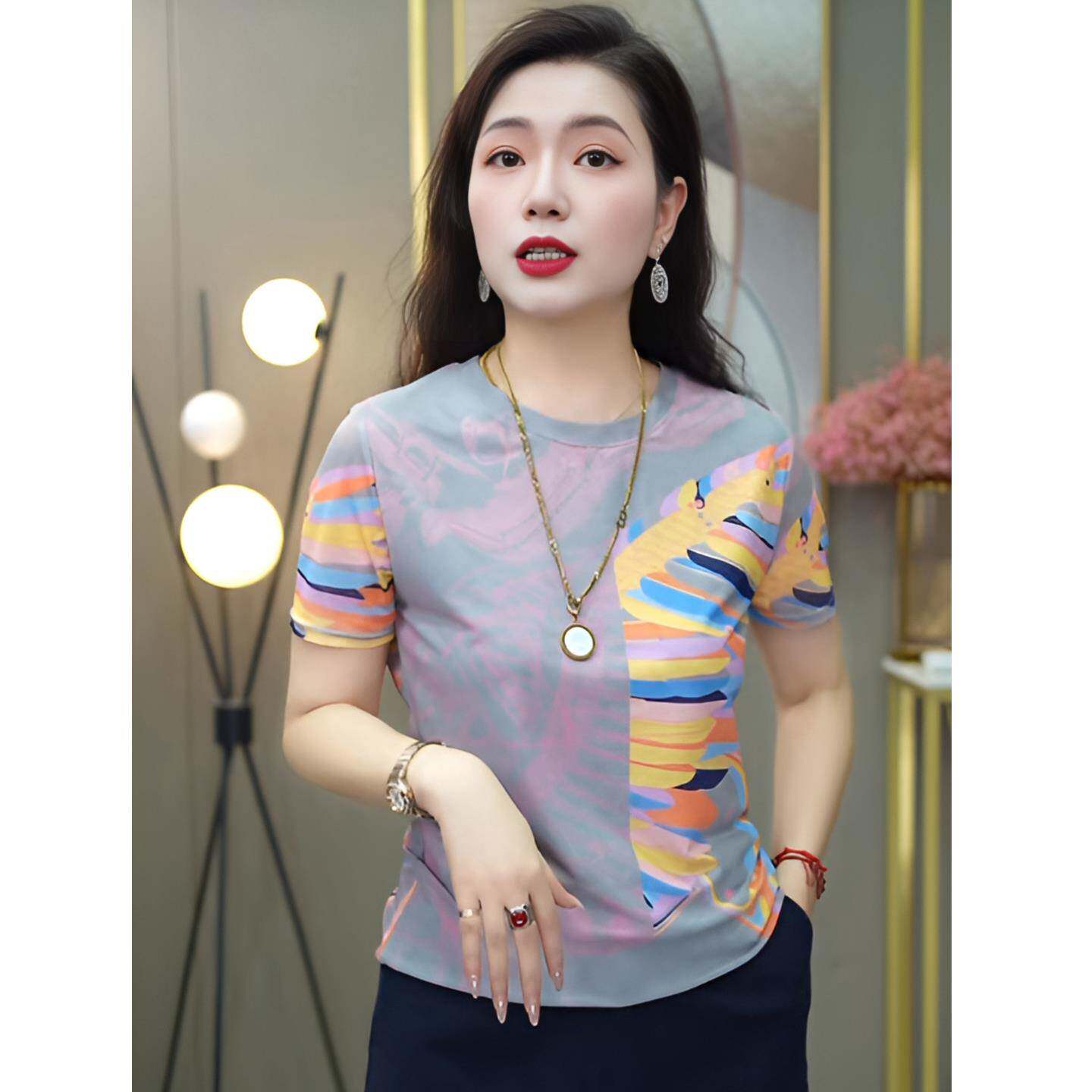 韩国新款时尚网纱印花圆领短袖T恤女夏季休闲百搭显瘦妈妈上衣潮