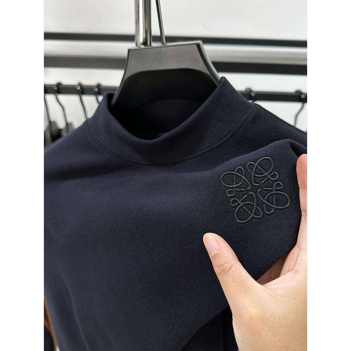 高档刺绣德绒打底衫男半高领磨毛加厚卫衣冬季潮牌中领内搭上衣潮