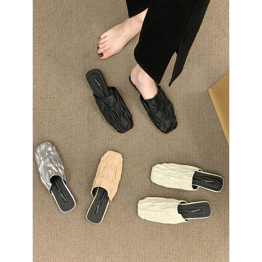 香港包头半拖鞋女式外套夏季新款百褶裙女式便鞋慵懒平底凉鞋