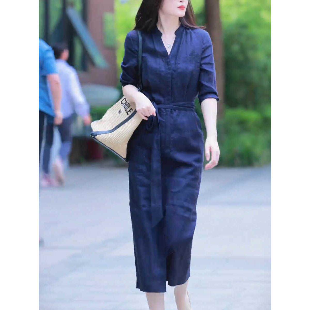 欧洲站气质V领亚麻连衣裙女2025年夏季新款收腰显瘦宽松衬衫长裙