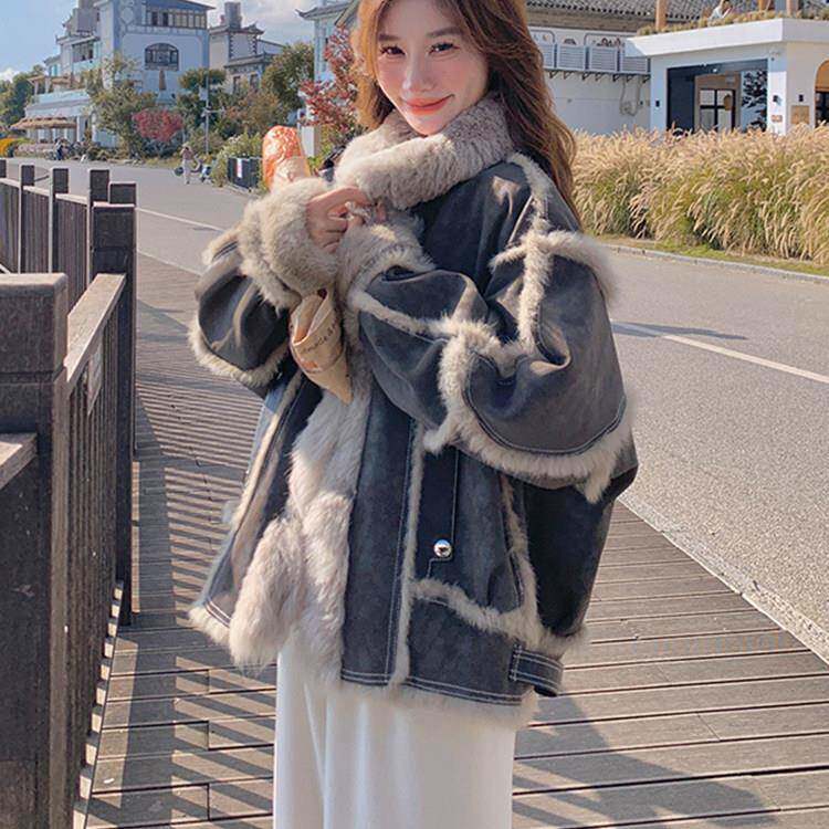 香港冬新款韩系麂皮绒羊羔毛加厚外套女保暖加绒皮毛一体机车棉服