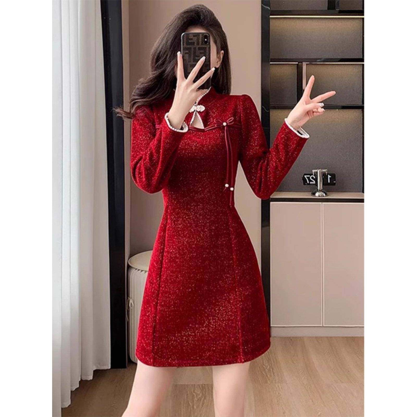 Ocnltiy高端晚礼服红色旗袍秋冬女装修身显瘦小个子新中式连衣裙