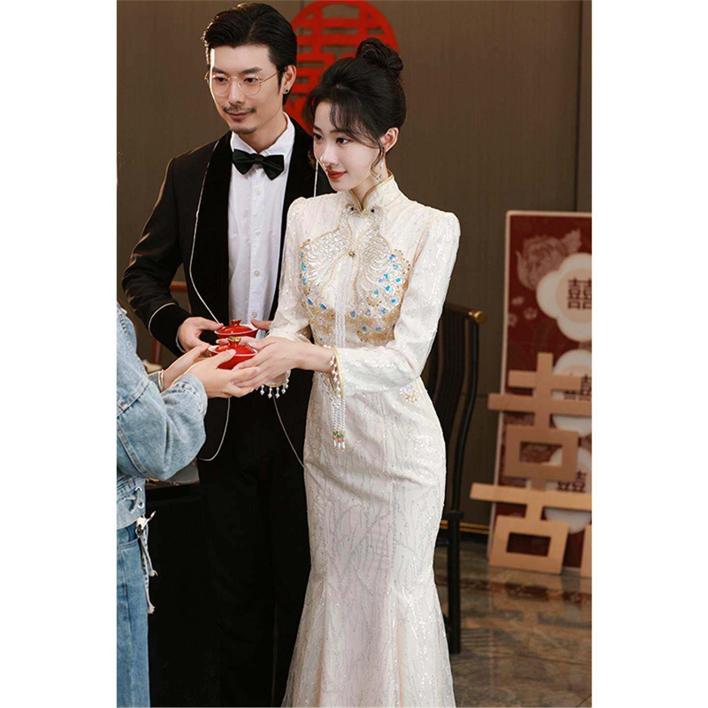 Ocnltiy重工刺绣旗袍女香槟色长袖订婚礼服新中式改良鱼尾敬酒服