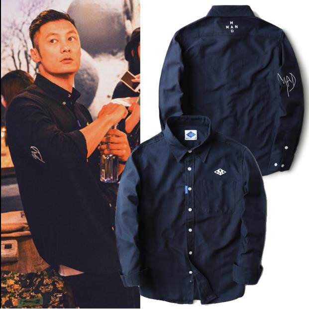 香港潮牌秋季男士休闲长袖衬衫余文乐纯色牛津纺织修身百搭衬衫采