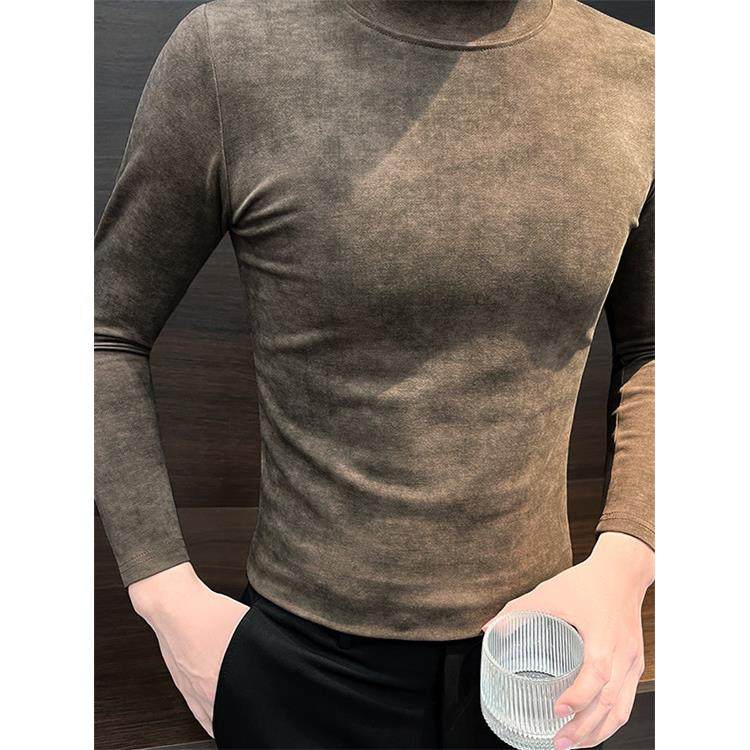 高端轻奢半高领长袖t恤男士春秋痞帅风内搭上衣中领扎染打底衫潮