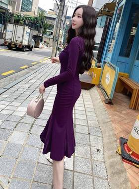 Ocnltiy秋季女装气质中长款过膝鱼尾裙内搭打底配大衣紫色连衣裙