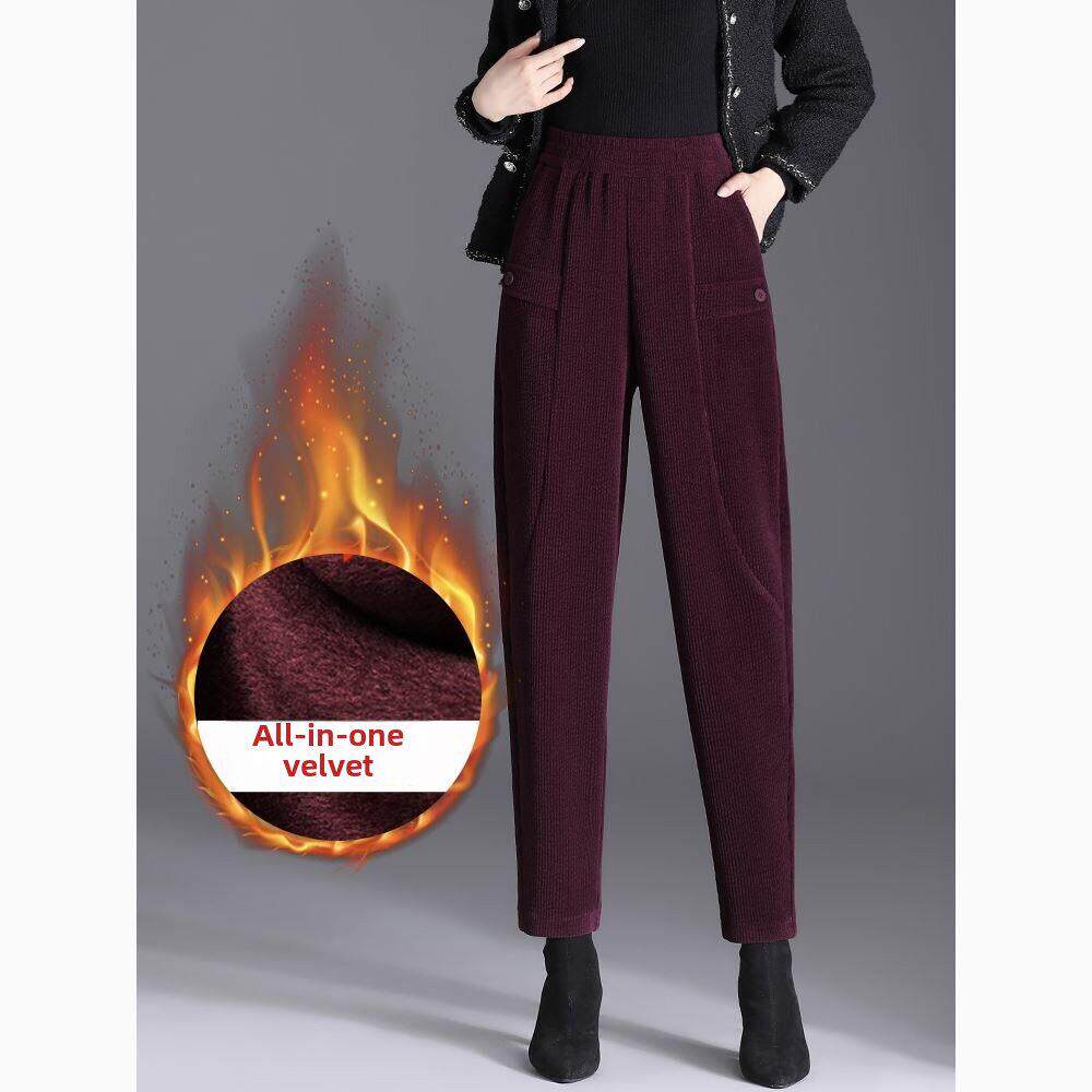 灯芯绒老爸裤秋冬女装新款酒红色高腰灯芯绒后宫裤大码羊毛衬里九