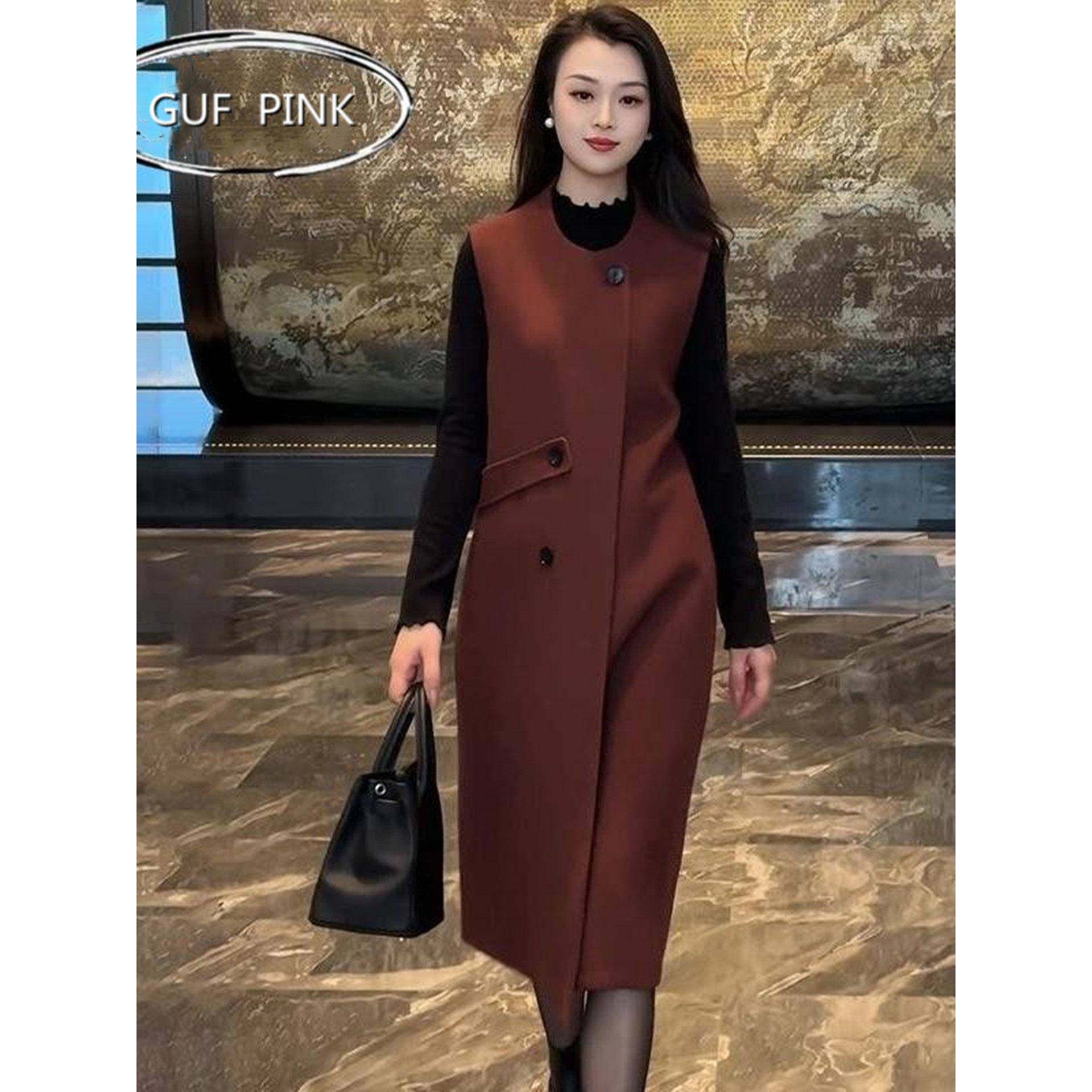 香港2025春款气质时尚纯色宽松百搭呢子背心连衣裙马甲裙打底裙子