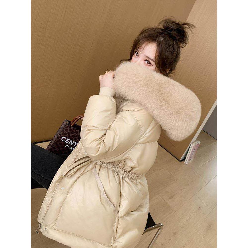 香港冬季新款毛领羽绒棉服女士小香风加厚中长款棉衣收腰连帽外套