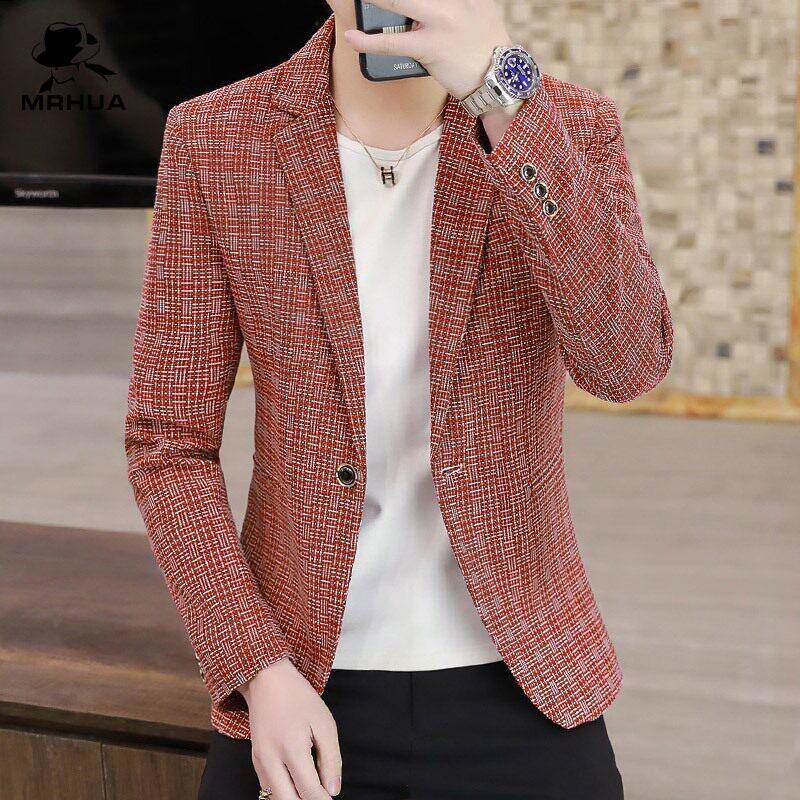 欧洲站春秋新款男士韩版修身西服英伦帅气格子潮流休闲小西装外套