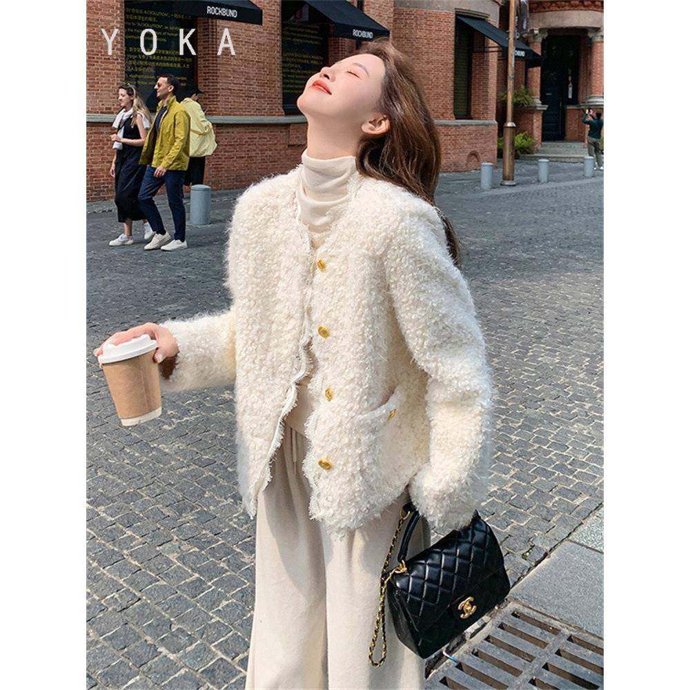 小香风皮毛一体羊羔毛外套女冬季2025新款高级感拼接蕾丝短款棉衣