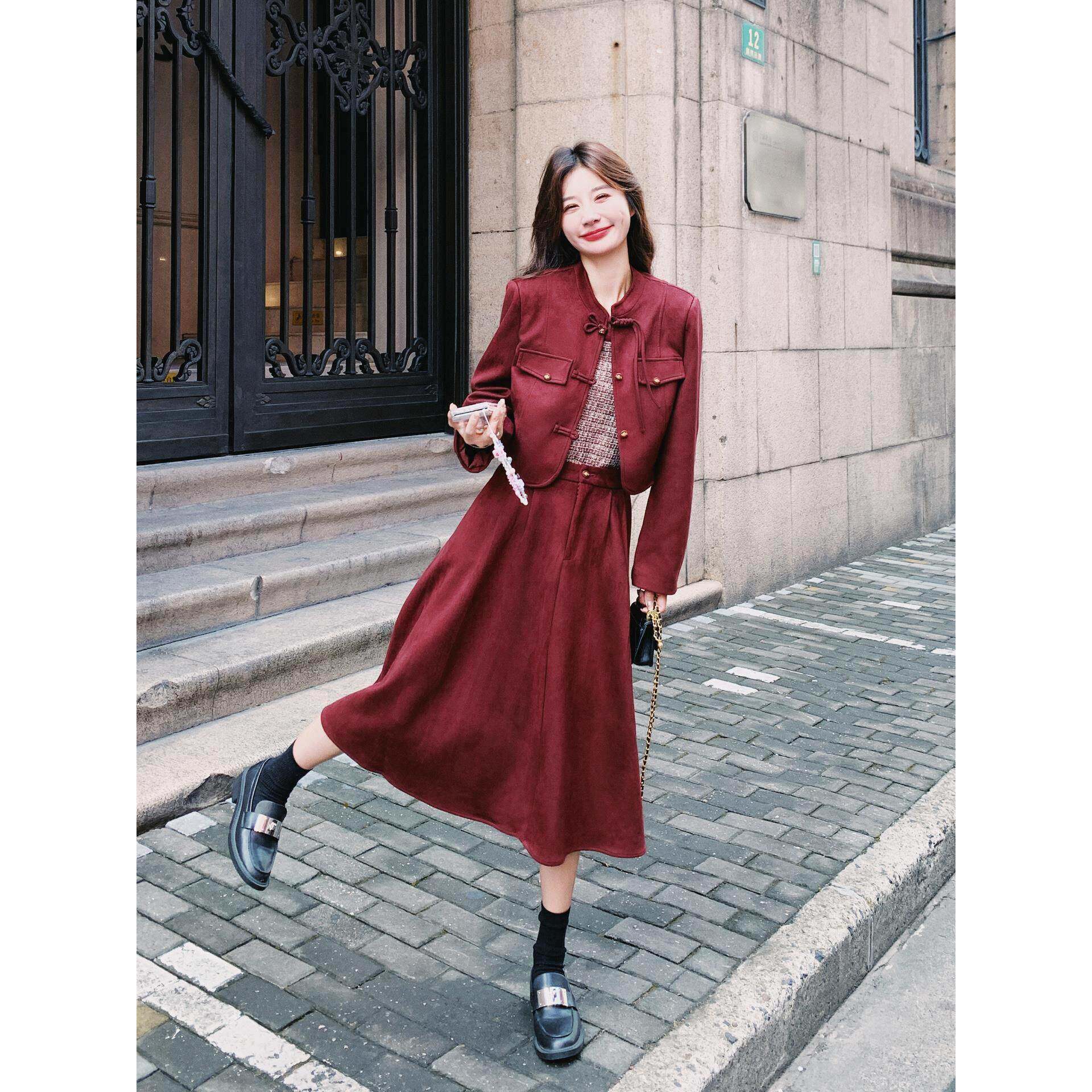 Ocnltiy红色新中式国风套装裙女秋冬季新款小香外套半身裙三件套