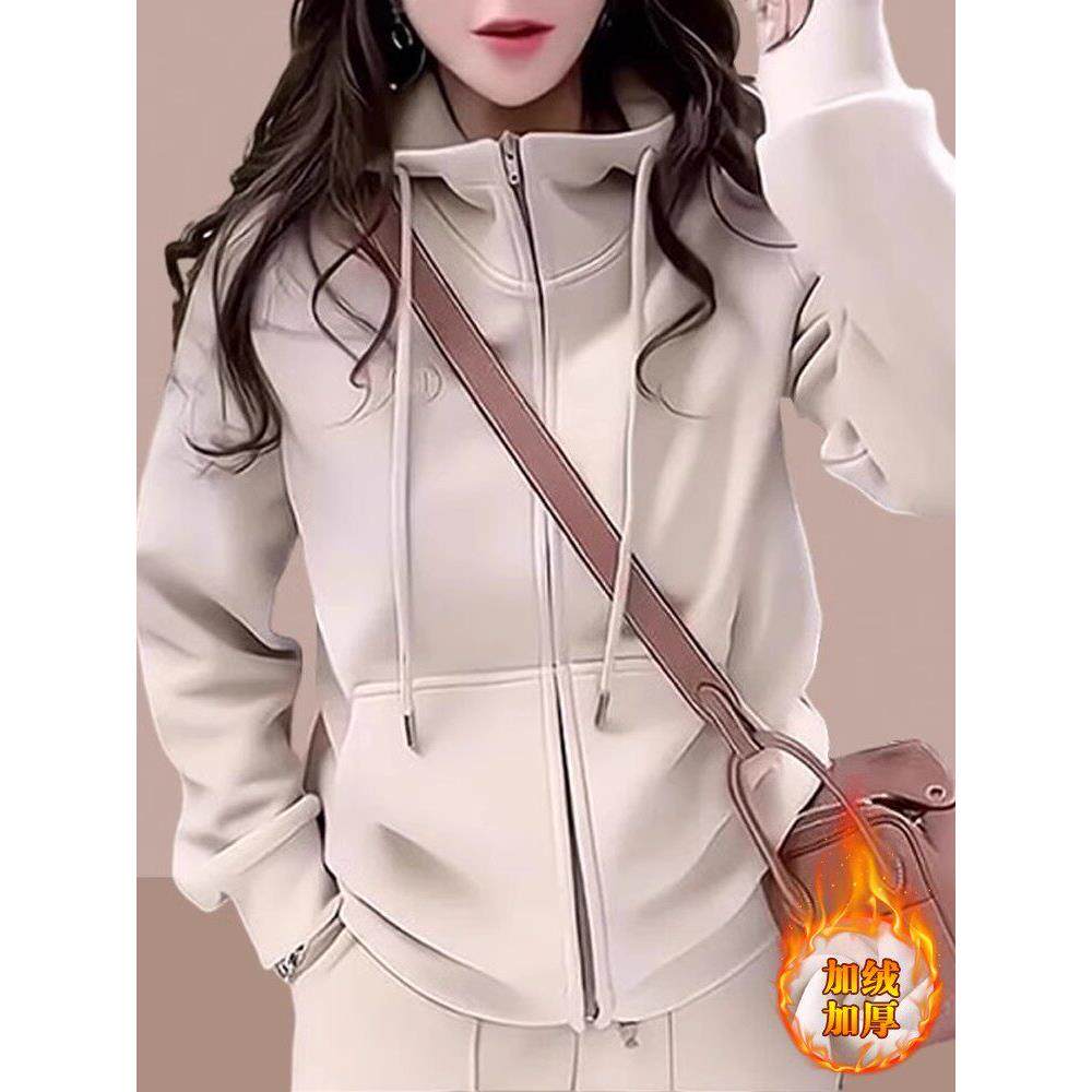 欧洲站2025年秋冬新款加绒加厚卫衣女设计感小众短款开衫拉炼外套