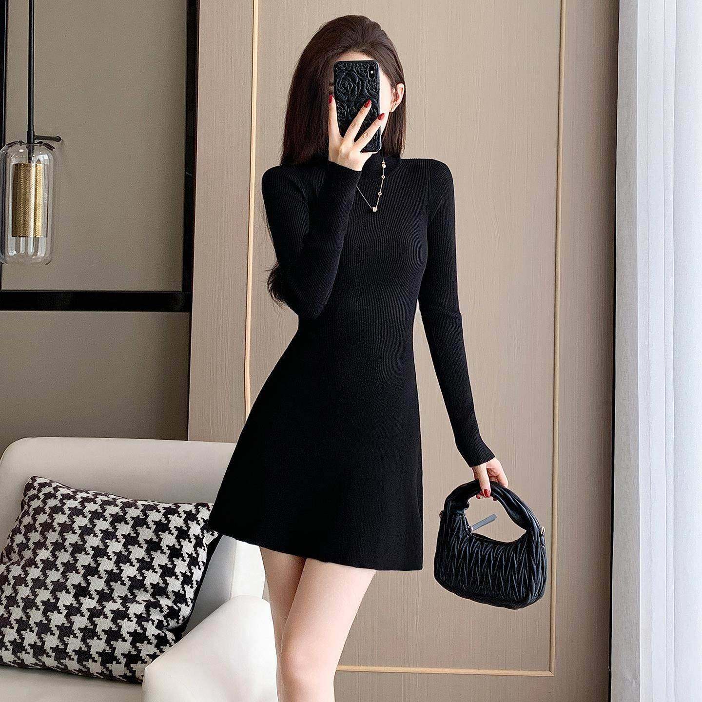 Ocnltiy打底针织连衣裙女秋冬新款修身显瘦半高领毛衣裙内搭短裙