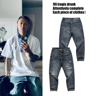 MDNS MADNESS牛仔裤余文乐潮牌宽松直筒复古水洗破洞裤子