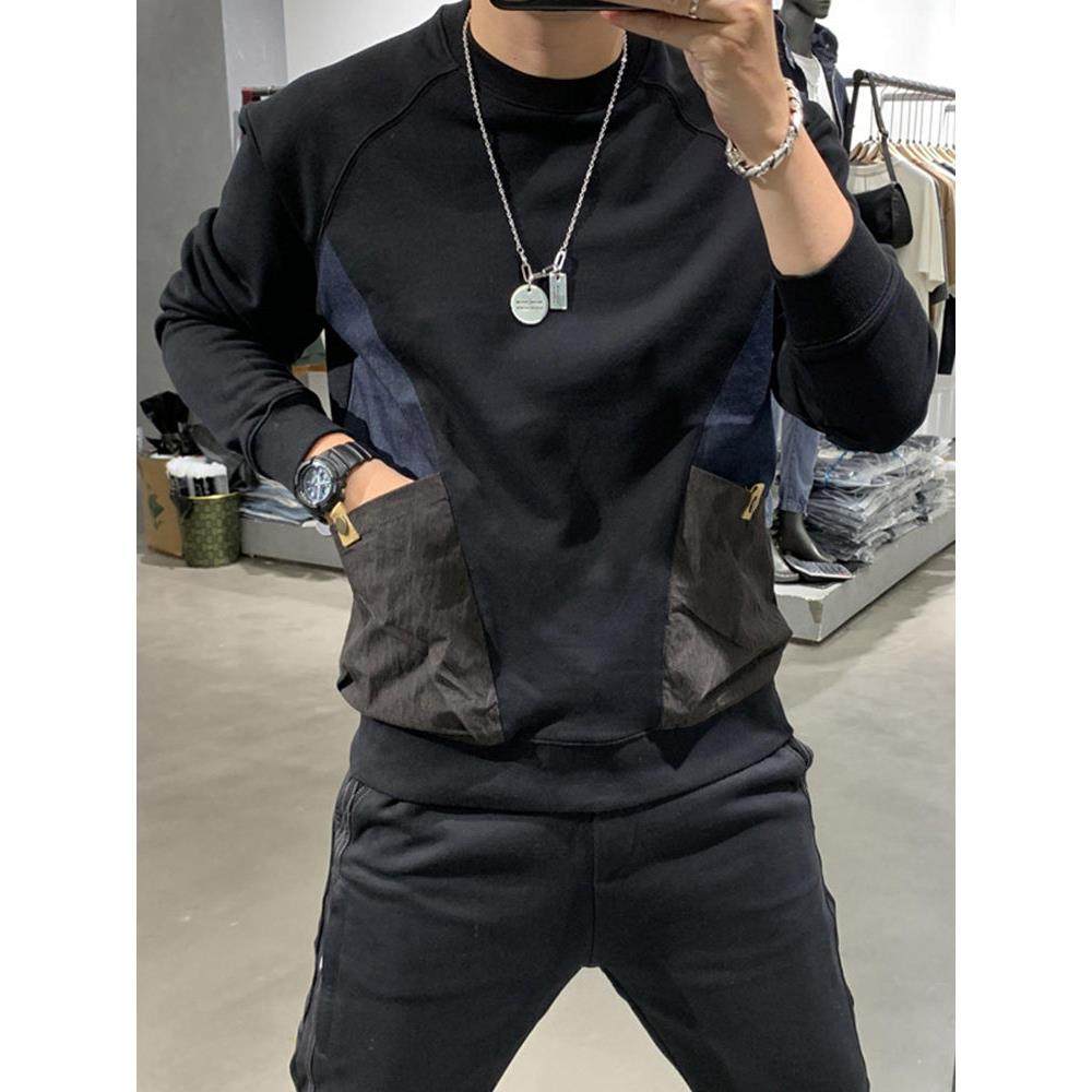 2025秋冬新款潮牌拼接口袋卫衣男士高端个性潮流痞帅圆领休闲上衣