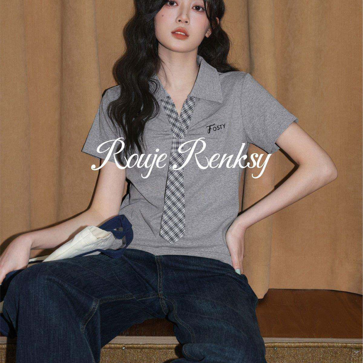 法国Rouje Renksy法式学院风灰色格纹领带T恤女夏通勤风气质上衣