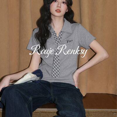 法国Rouje Renksy法式学院风灰色格纹领带T恤女夏通勤风气质上衣