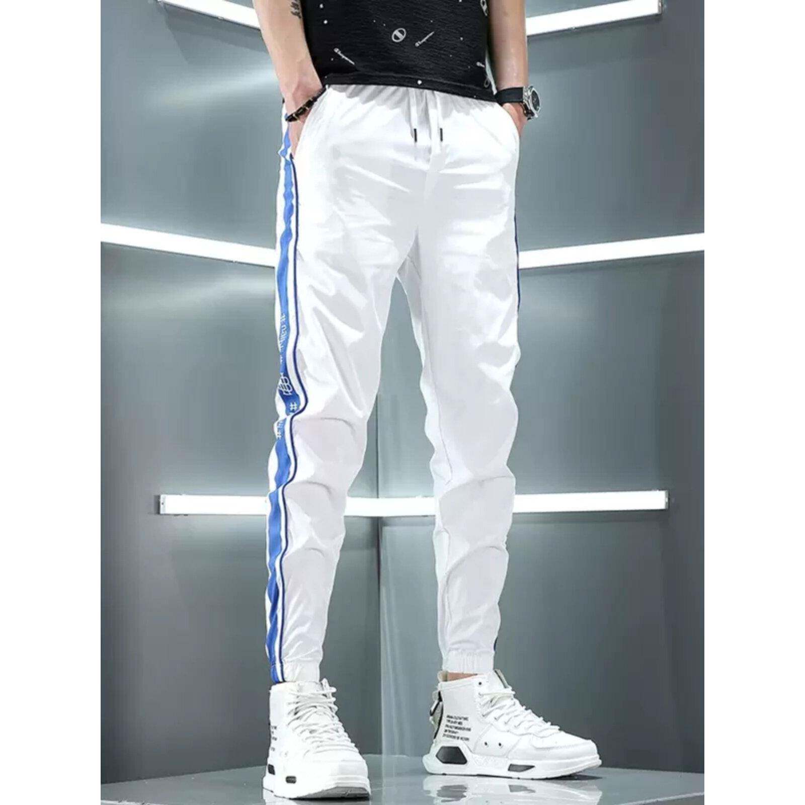 高端冰丝白色休闲裤男春夏薄款百搭束脚松紧腰男士潮牌九分运动裤