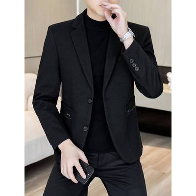 黑色休闲西装外套男秋冬季新款西服男士商务两粒扣修身潮流小西装