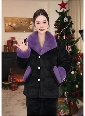 高级感紫色毛茸提花三层夹棉睡衣女冬季加绒加厚可外穿棉袄家居服