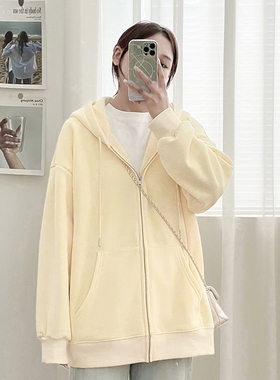 奶黄色卫衣女外套春秋款2025新款连帽上衣宽松韩版开衫运动拉链衫