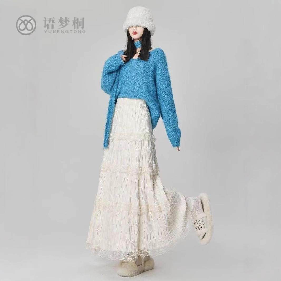 白色蕾丝拼接半身裙春季2025新款温柔风仙女a字长裙丝绒大摆伞裙