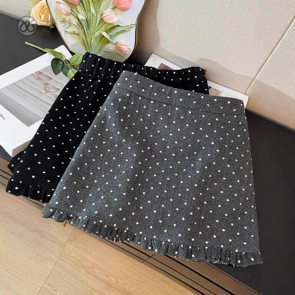 韩系穿搭灰色波点花边毛呢半身裙女秋冬款高腰a字包臀短裙小个子