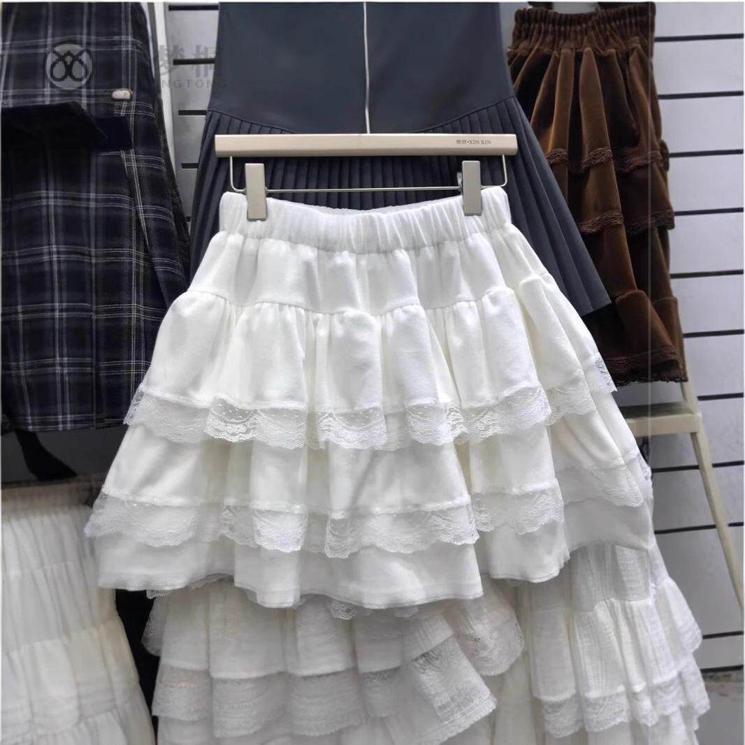 秋冬甜美减龄白色芭蕾风半身裙女高腰松紧蓬蓬裙蕾丝蛋糕裙短裙女