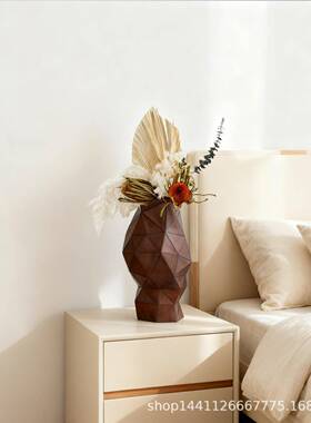现代仿皮革几何花器家居酒店别墅花艺软装摆件秋色样板间艺术品
