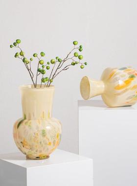 法式高级感水彩手工玻璃花瓶复古中古奶油色玄关琉璃插花器