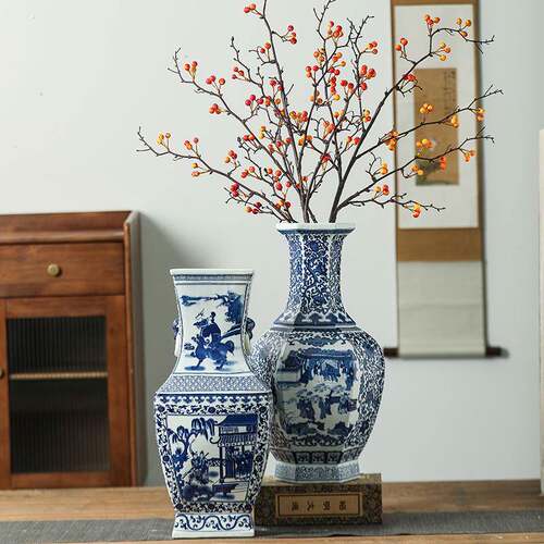 景德镇陶瓷器手绘仿古青花瓷花瓶插花客厅中式装饰家居电视柜摆件
