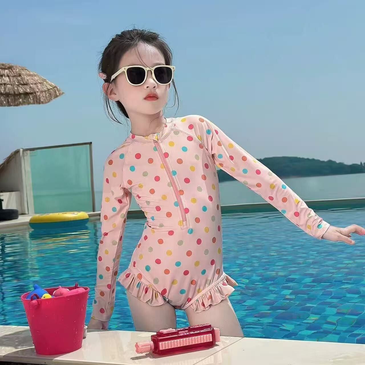 儿童泳衣女童长袖防晒新款韩国宝宝洋气沙滩度假温泉泳装夏
