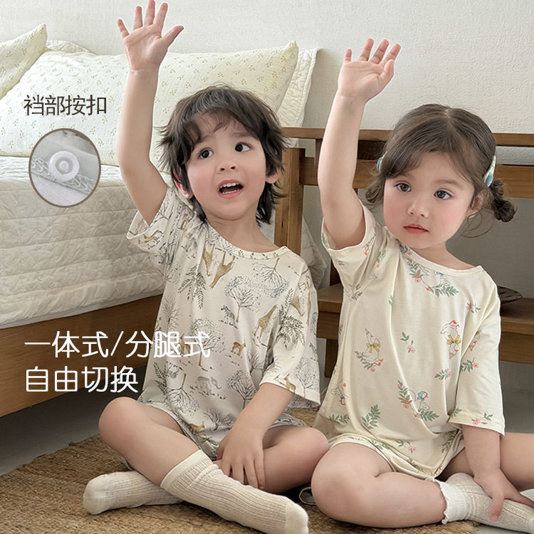 夏季儿童连体衣无骨薄款五分袖睡袍睡袋a类男女宝宝凉感透气睡衣