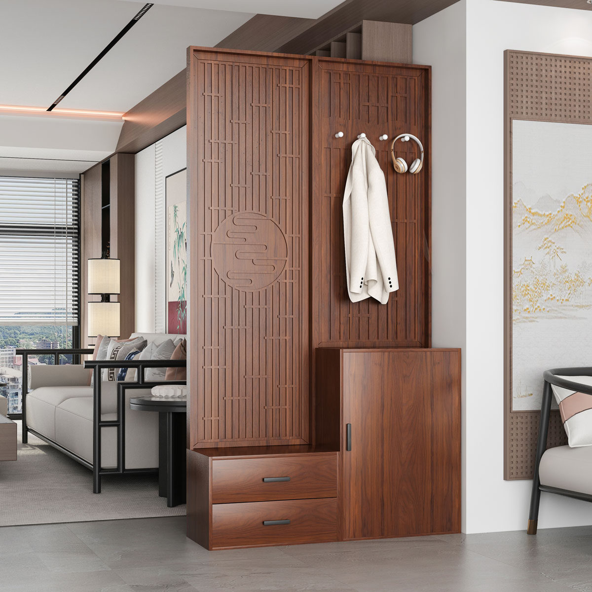 新中式多功能入户屏风隔断柜衣帽架2026新款玄关柜鞋柜一体柜现代