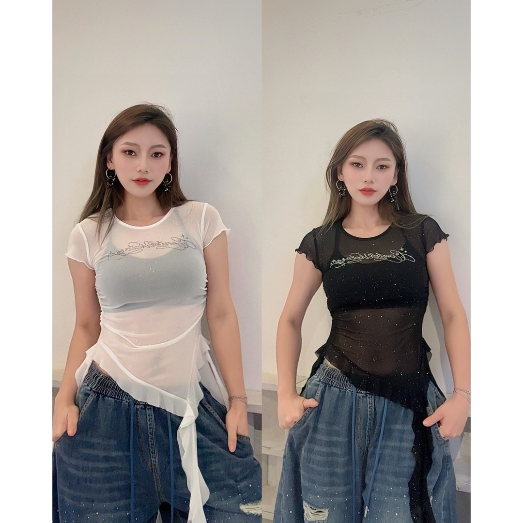 [夏季收官]CV舞蹈潮牌"微透流苏"上衣女薄款跳舞T恤辣妹半袖