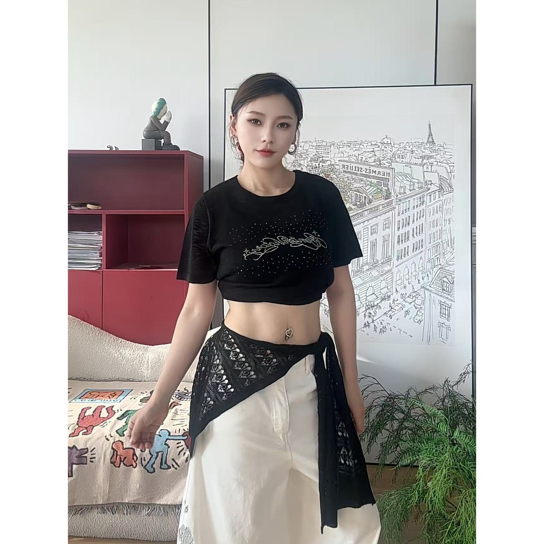 [夏季收官]CV舞蹈潮牌针织披肩腰搭蕾丝时尚休闲百搭女士镂空圆领