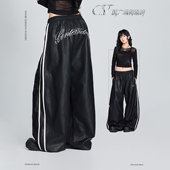 CV新广场舞潮牌 潮 时尚 复古白杠皮裤 嘻哈跳舞爵士舞广爵舞长裤