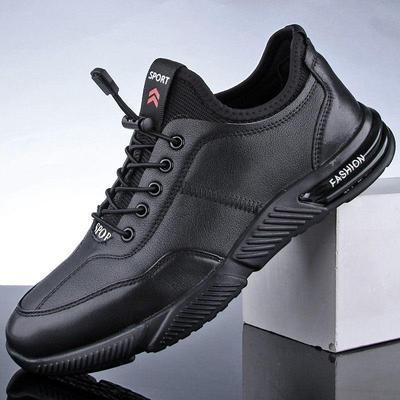 运动皮鞋男头层牛皮软底冬季加绒皮面跑步鞋男中年软面休闲鞋真皮