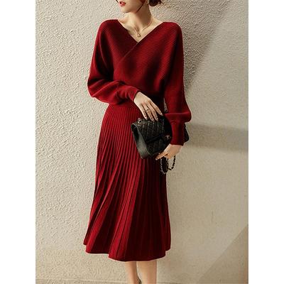 Capacity Kiss红色喜婆婆时尚套装裙羊毛秋冬优雅轻奢v领百褶裙女